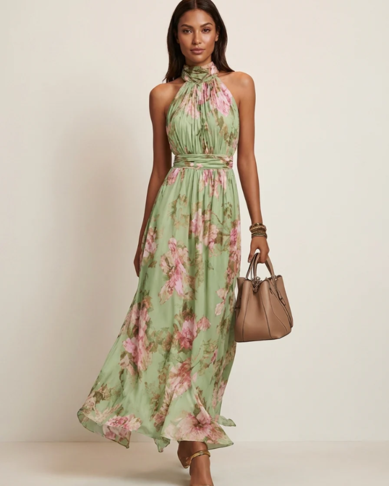 Sophie Women’s Floral Maxi Halter Dress – Halter Neckline, Defined Waist, and Flowing Fit