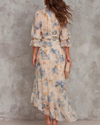 Felicity Vestido Maxi Floral Mujer – Cuerpo Fruncido, Volantes y Mangas Abullonadas