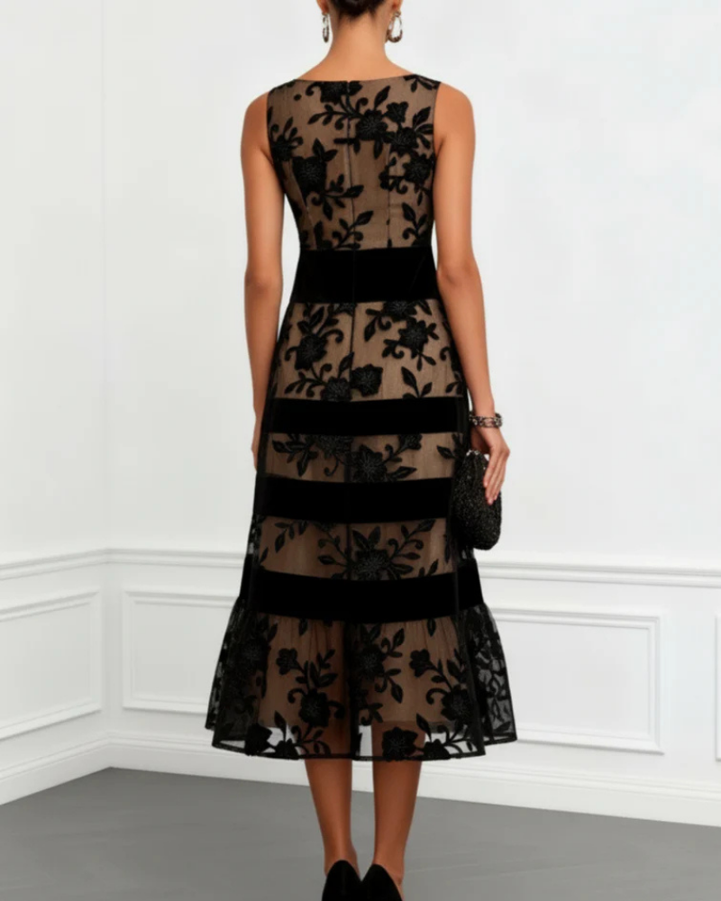 Victoria Vestido de Cóctel Mujer – Vestido Midi de Corte A con Flores 3D y Escote Barco