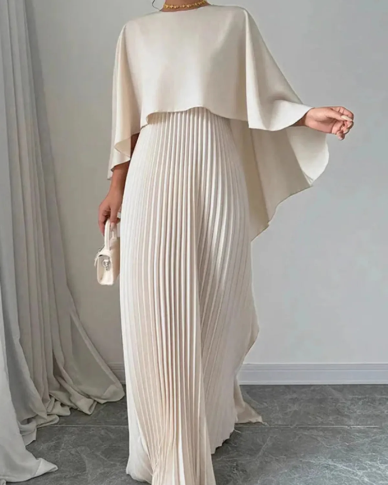 Robe maxi Estelle à effet cape pour femme – jupe plissée, coupe fluide et style formel