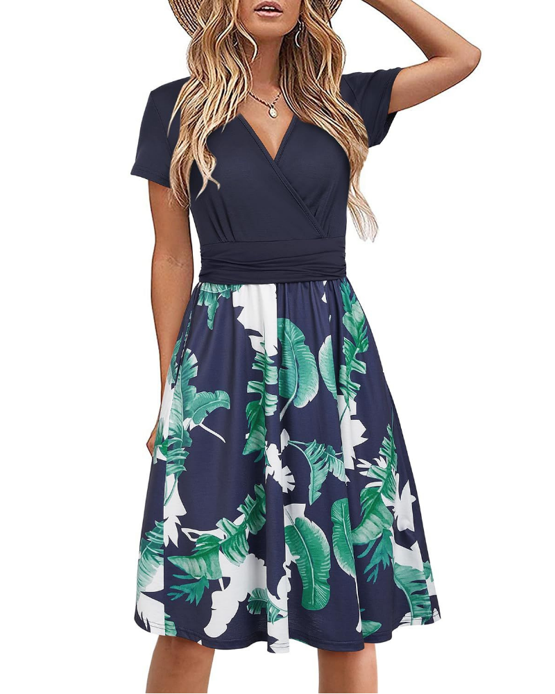 Ivy Vestido Midi Mujer – Floral con V-Cuello, Cintura Imperio y Bolsillos