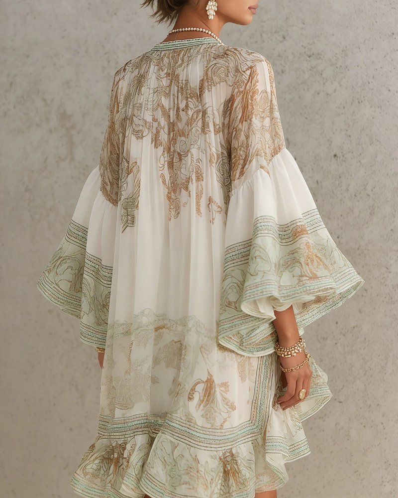 Juliette Vestido Mini de Gasa Mujer – Volantes, Cuello Alto y Estampado Barroco
