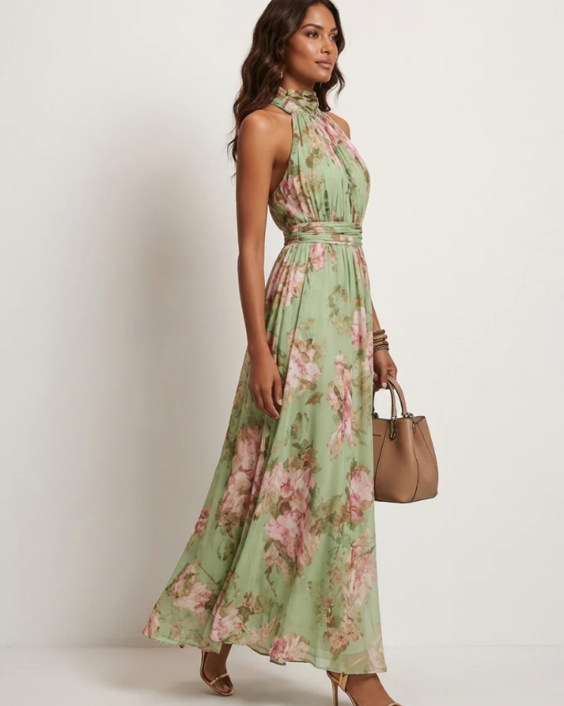 Sophie Women’s Floral Maxi Halter Dress – Halter Neckline, Defined Waist, and Flowing Fit