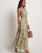 Sophie Women’s Floral Maxi Halter Dress – Halter Neckline, Defined Waist, and Flowing Fit