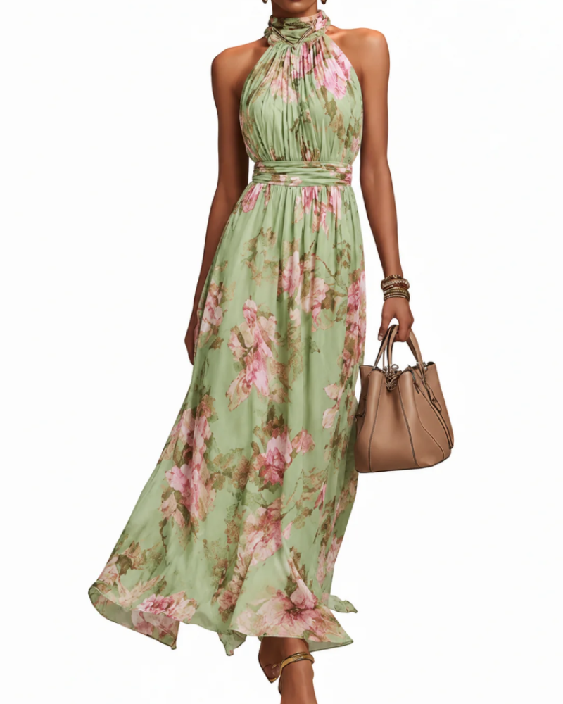 Sophie Women’s Floral Maxi Halter Dress – Halter Neckline, Defined Waist, and Flowing Fit