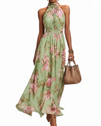 Sophie Women’s Floral Maxi Halter Dress – Halter Neckline, Defined Waist, and Flowing Fit