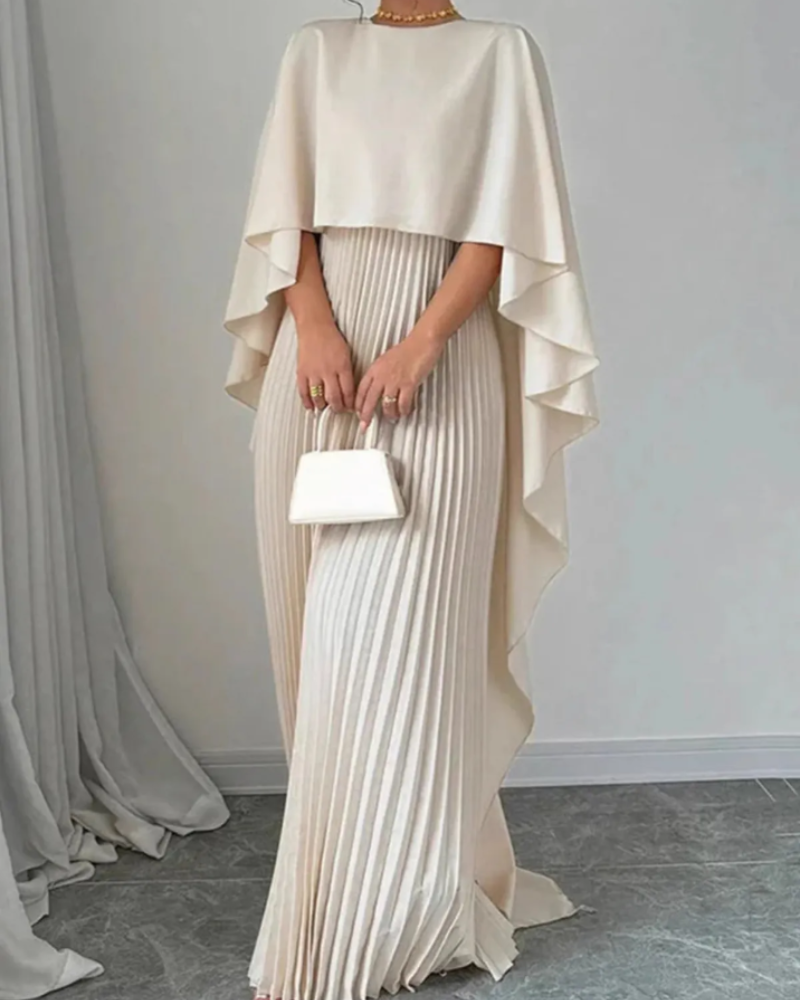 Robe maxi Estelle à effet cape pour femme – jupe plissée, coupe fluide et style formel