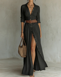 Madeline Vestido Maxi de Algodón Mujer – Falda Plisada, Escote en V y Manga Larga