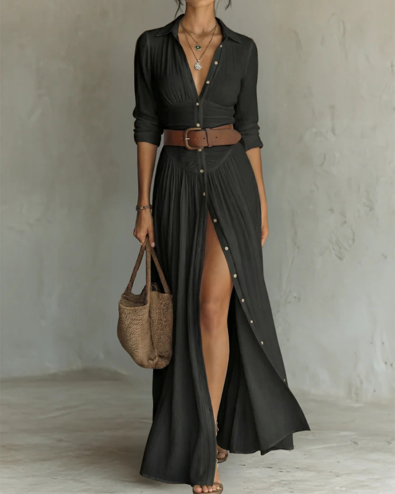 Catherine Vestido Maxi de Algodón Mujer – Falda Plisada, Escote en V y Manga Larga