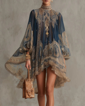 Celeste Vestido Mini de Gasa Mujer – Cuello Alto, Volantes y Estampado Barroco Elegante