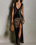 Danica Vestido Maxi Étnico Mujer – Escote en V, Sin Mangas y Corte Entallado
