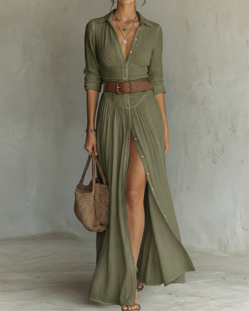 Madeline Vestido Maxi de Algodón Mujer – Falda Plisada, Escote en V y Manga Larga
