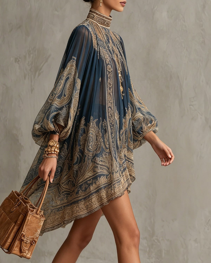 Celeste Vestido Mini de Gasa Mujer – Cuello Alto, Volantes y Estampado Barroco Elegante
