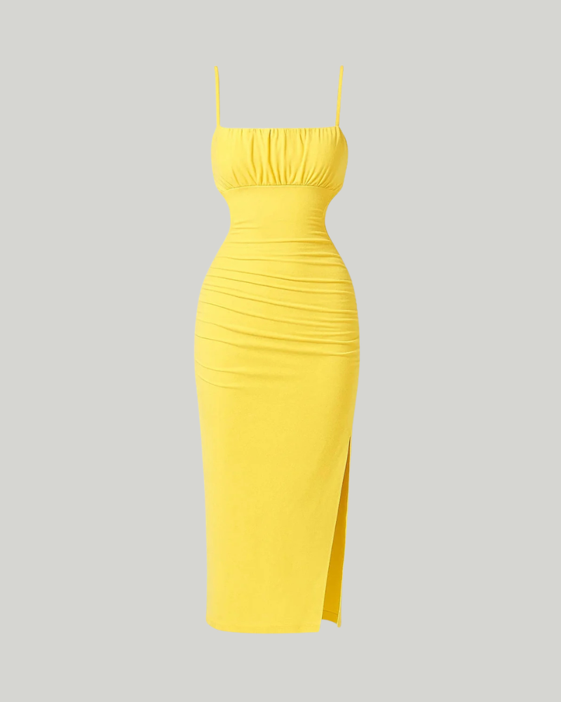 Chelsea Vestido Midi Mujer – Amarillo, Corte Bodycon, Tirantes Finos y Plisado