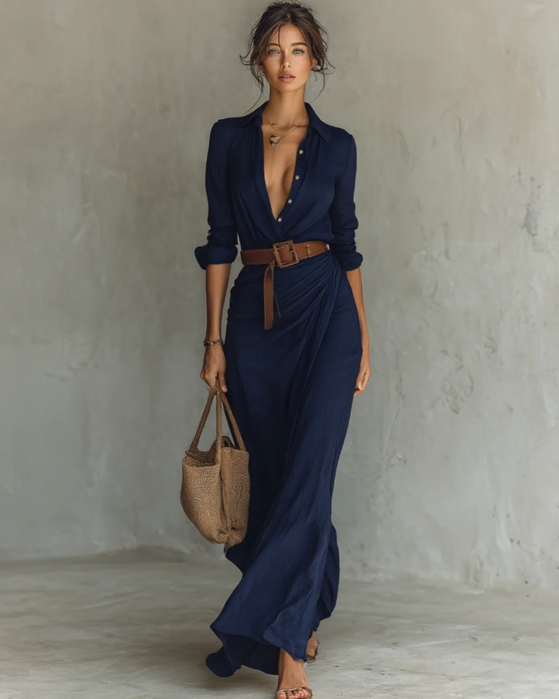 Theresa Vestido Camisero Maxi Mujer – Algodón Tencel, Cinturón y Manga Larga