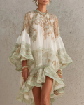 Juliette Vestido Mini de Gasa Mujer – Volantes, Cuello Alto y Estampado Barroco