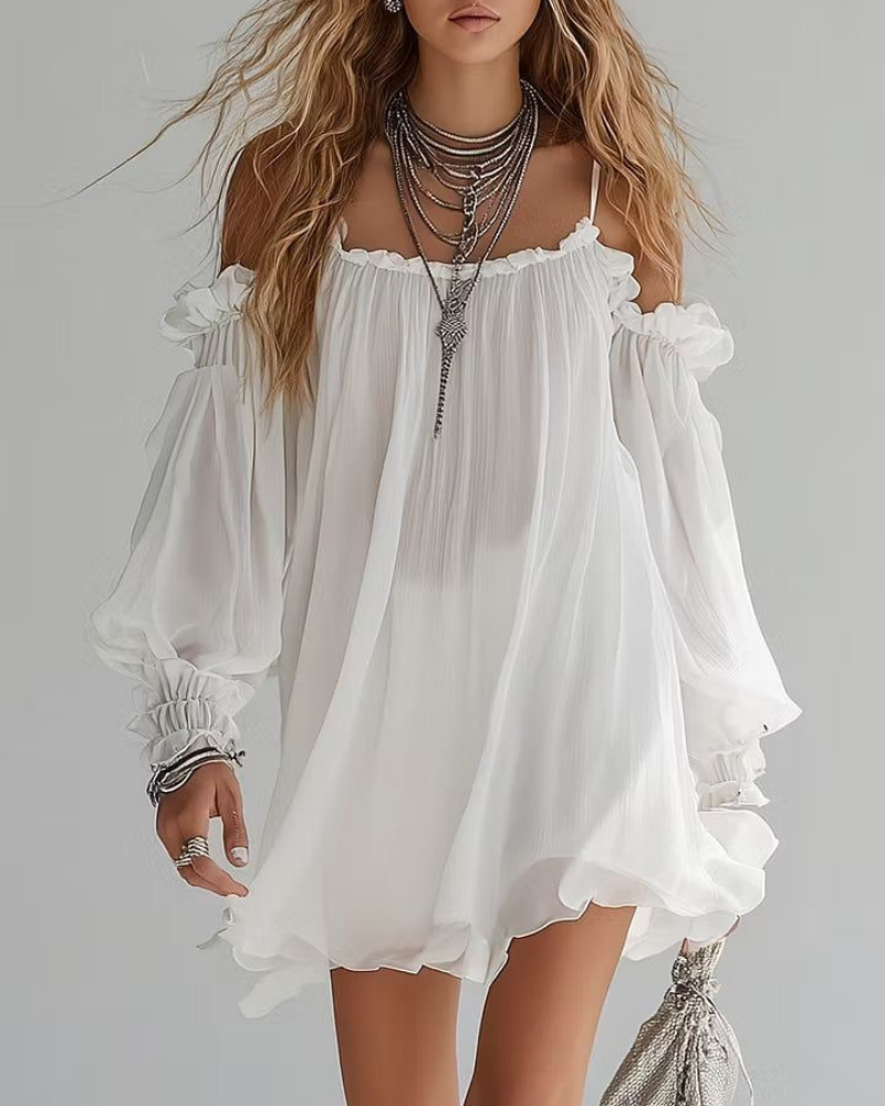 Olive Vestido Mini Boho Mujer – Gasa Ligera, Hombros Descubiertos y Corte Fluido