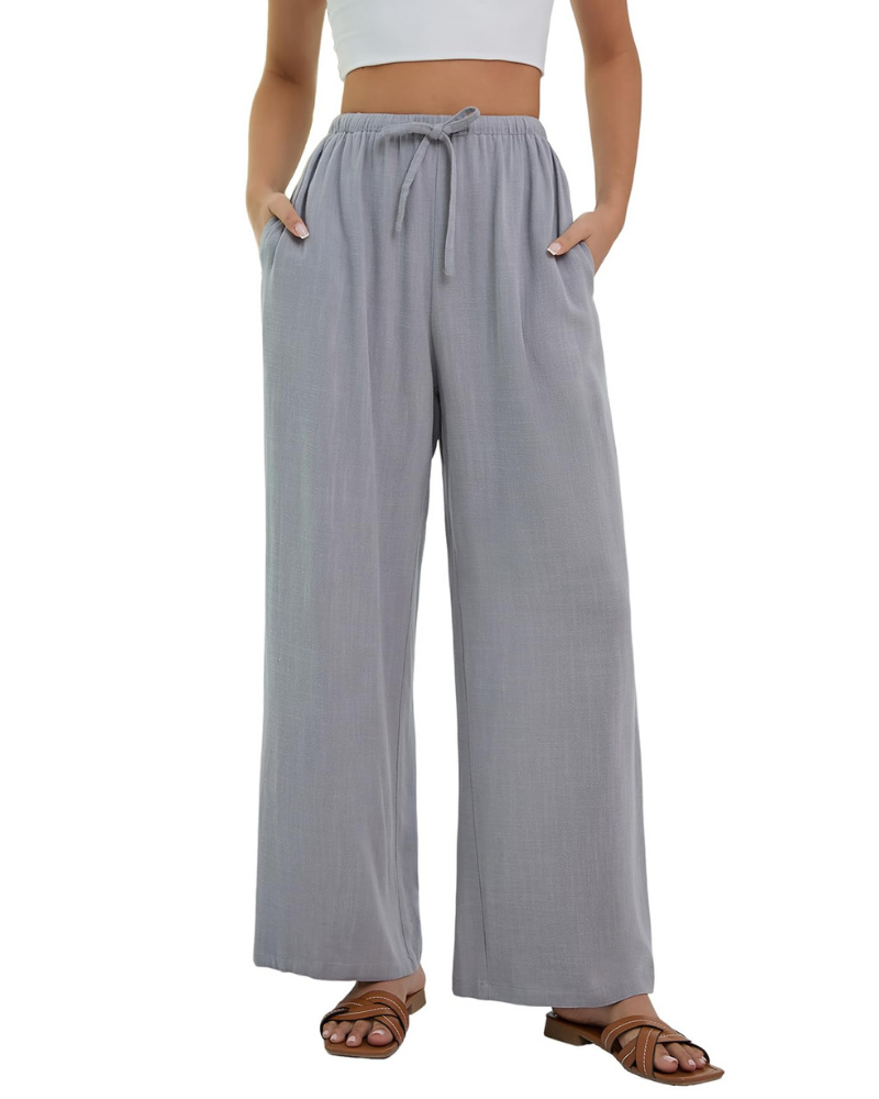 Lola Pantalón Palazzo Mujer – Estilo Lino con Cintura Alta, Cordón y Bolsillos