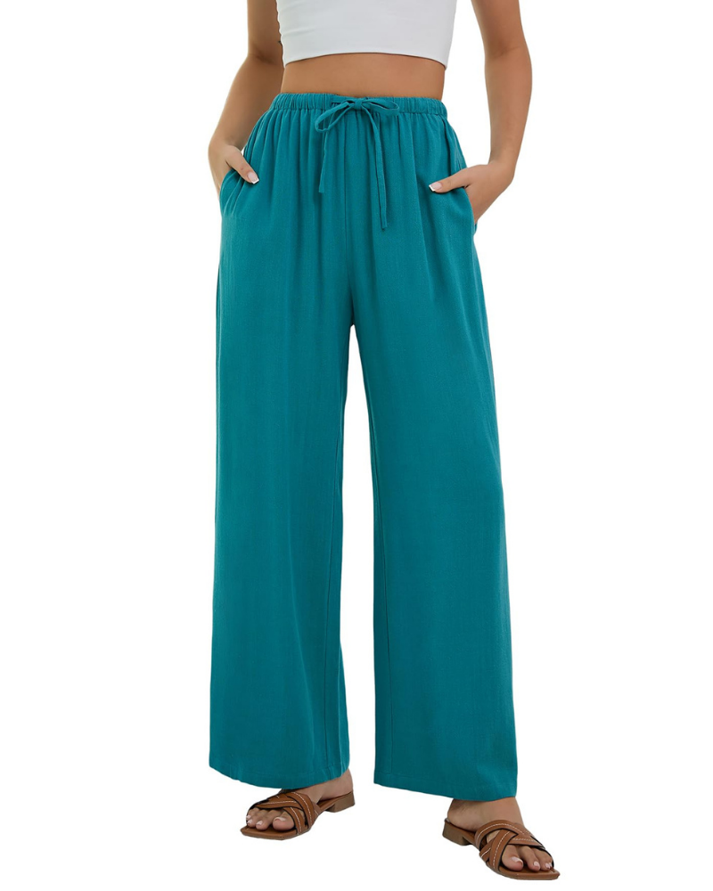 Lola Pantalón Palazzo Mujer – Estilo Lino con Cintura Alta, Cordón y Bolsillos