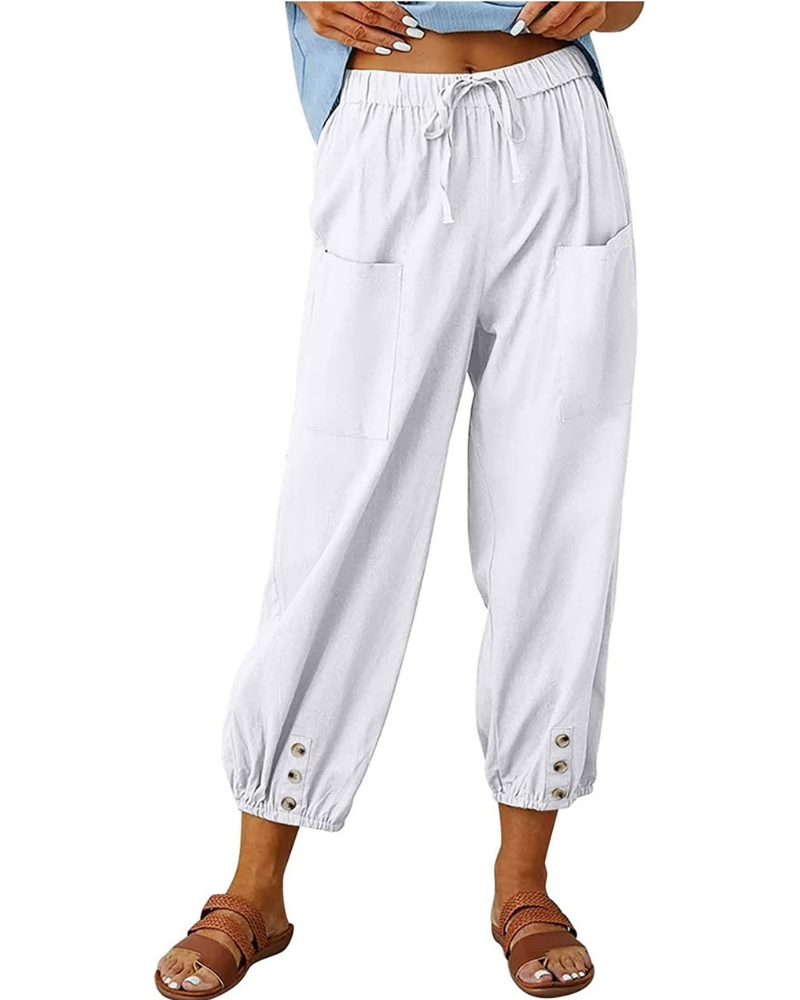 Hailey Pantalón 7/8 Mujer – Estilo Lino con Pierna Ancha y Detalle de Botones