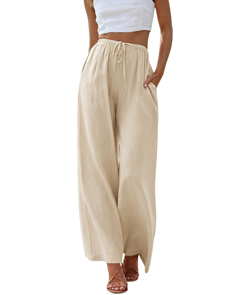 Gemma Pantalón Lino Mujer – Pierna Ancha con Cintura Elástica y Bolsillos