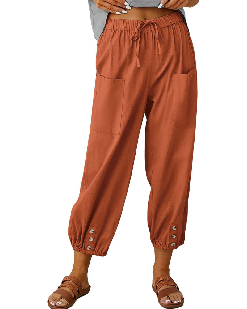 Hailey Pantalón 7/8 Mujer – Estilo Lino con Pierna Ancha y Detalle de Botones