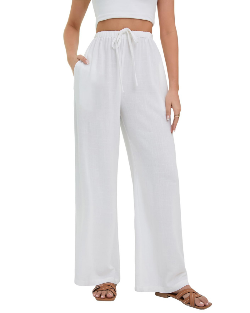 Lola Pantalón Palazzo Mujer – Estilo Lino con Cintura Alta, Cordón y Bolsillos