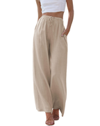 Gemma Pantalón Lino Mujer – Pierna Ancha con Cintura Elástica y Bolsillos