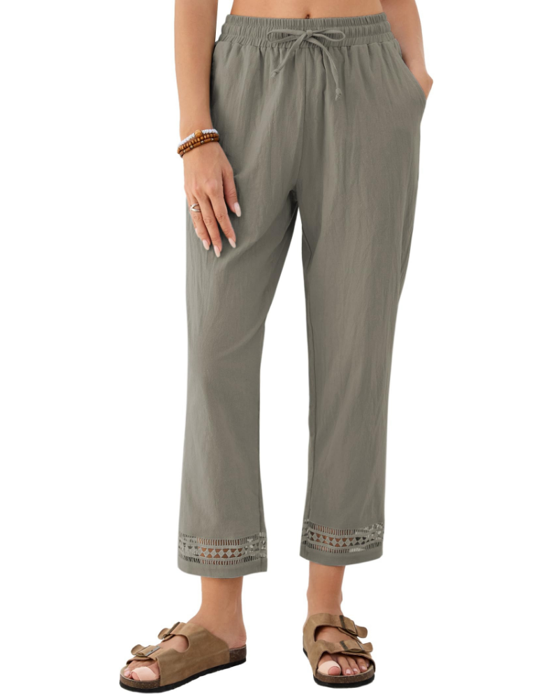 Hazel Pantalón Mujer – Lino, Pierna Ancha, Cintura Ajustable y Encaje
