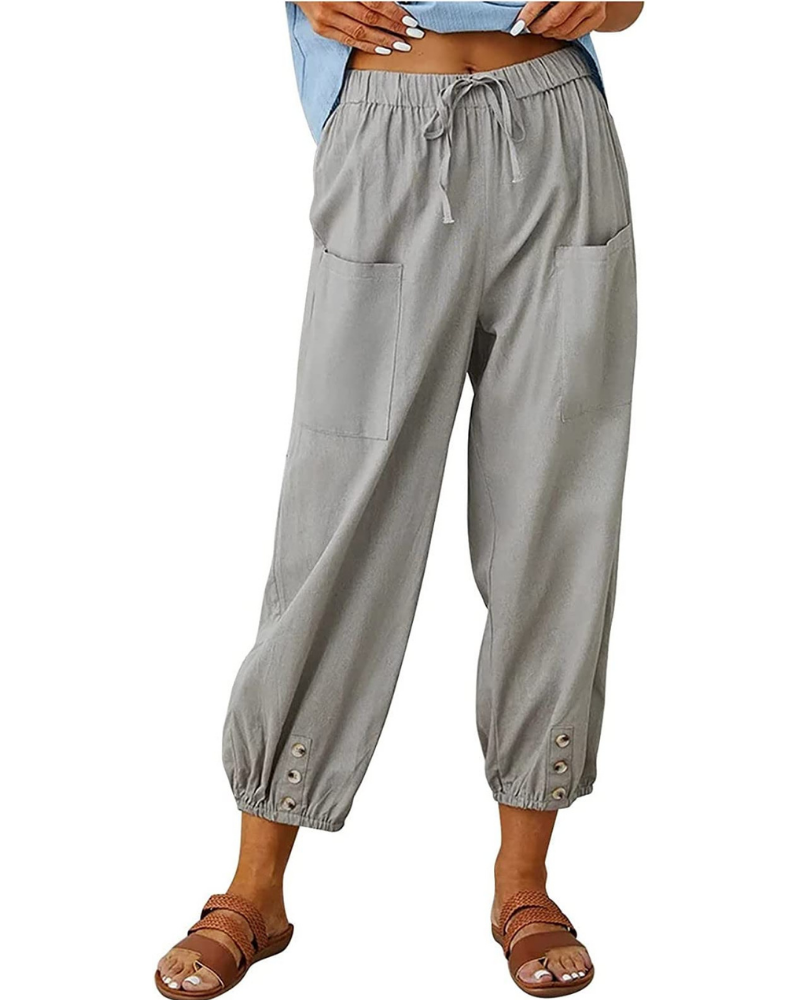 Hailey Pantalón 7/8 Mujer – Estilo Lino con Pierna Ancha y Detalle de Botones