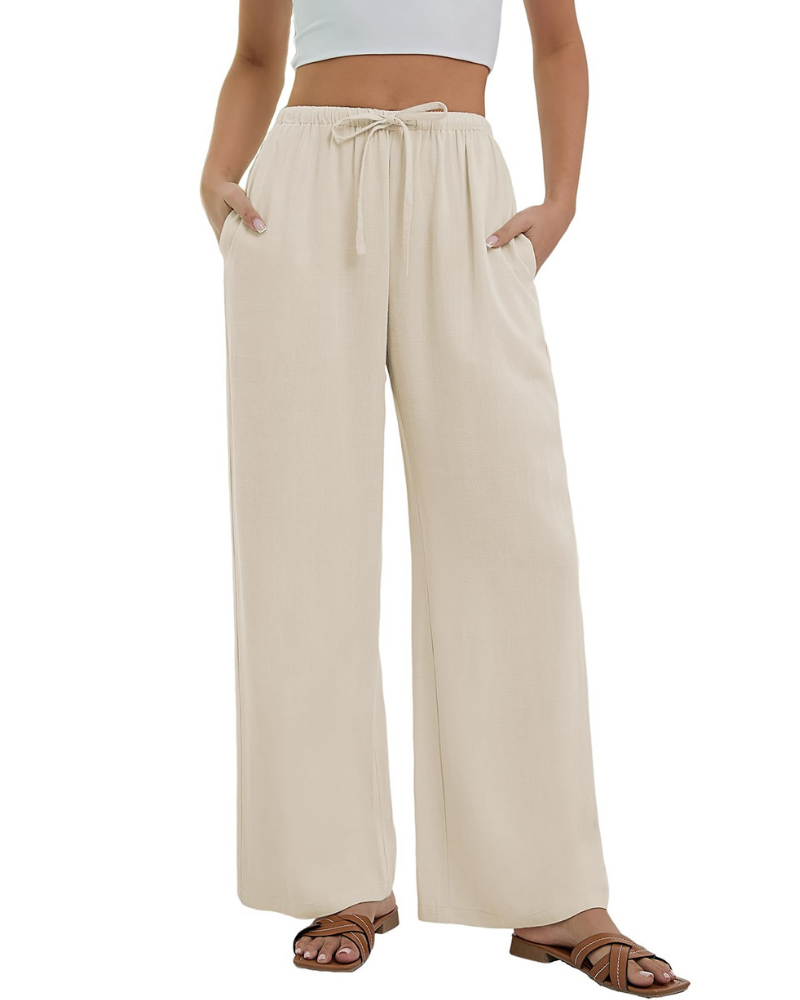 Lola Pantalón Palazzo Mujer – Estilo Lino con Cintura Alta, Cordón y Bolsillos