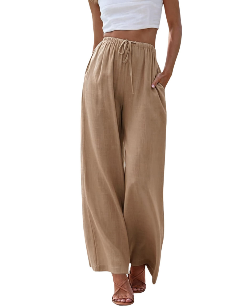 Gemma Pantalón Lino Mujer – Pierna Ancha con Cintura Elástica y Bolsillos