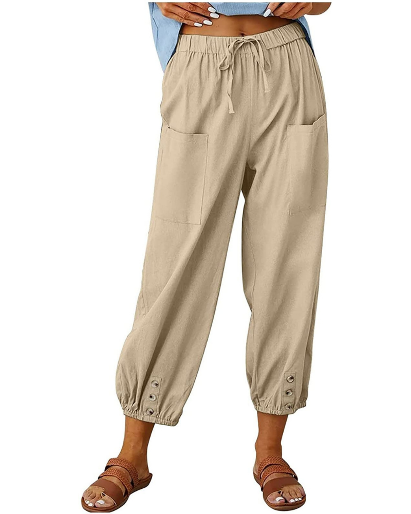 Hailey Pantalón 7/8 Mujer – Estilo Lino con Pierna Ancha y Detalle de Botones