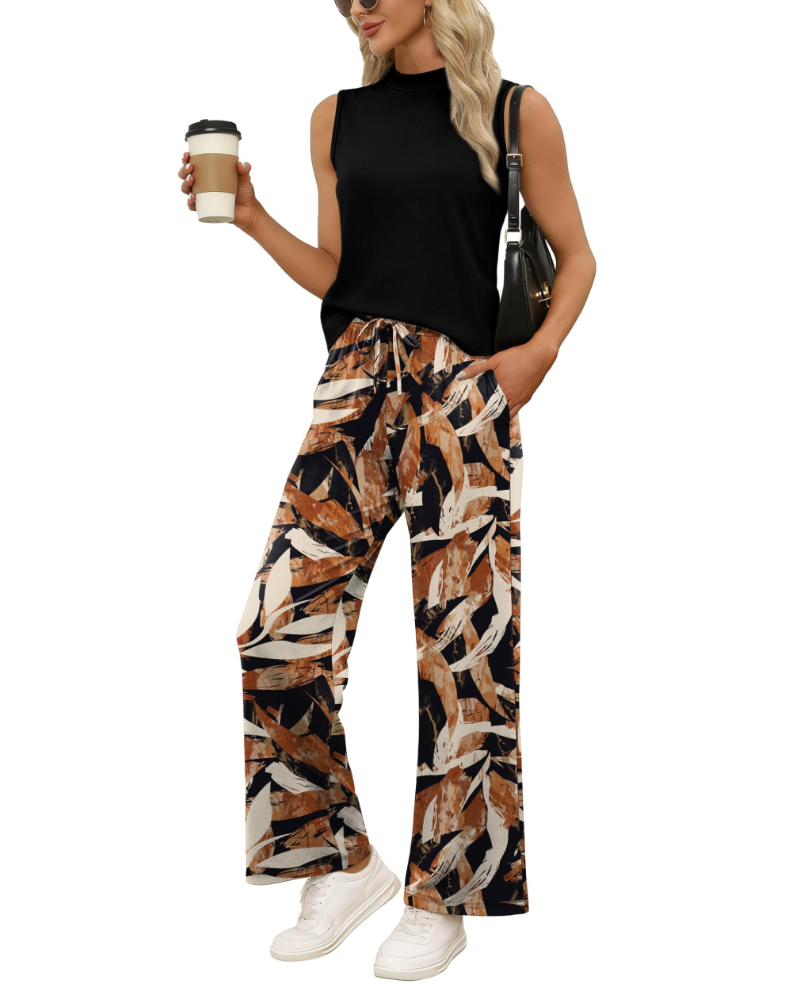 Natalie Conjunto de Dos Piezas para Mujer – Top Sin Mangas de Cuello Alto y Pantalón Palazzo Estampado