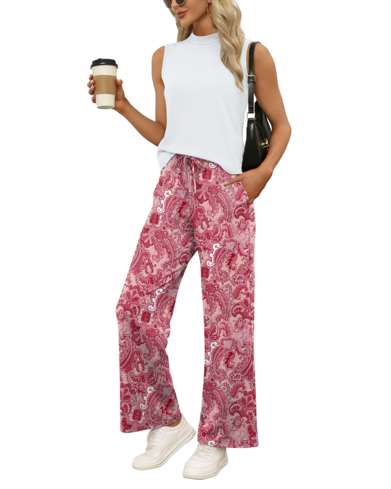 Natalie Conjunto de Dos Piezas para Mujer – Top Sin Mangas de Cuello Alto y Pantalón Palazzo Estampado