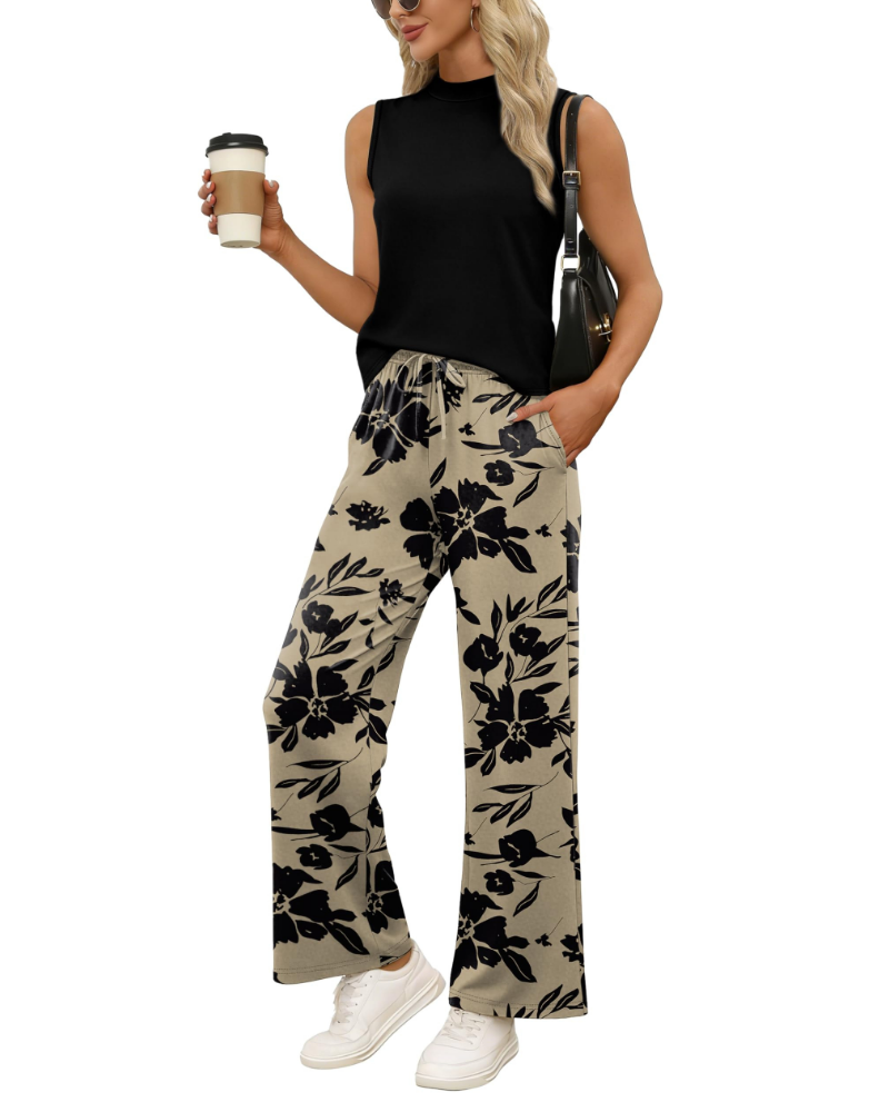 Natalie Conjunto de Dos Piezas para Mujer – Top Sin Mangas de Cuello Alto y Pantalón Palazzo Estampado