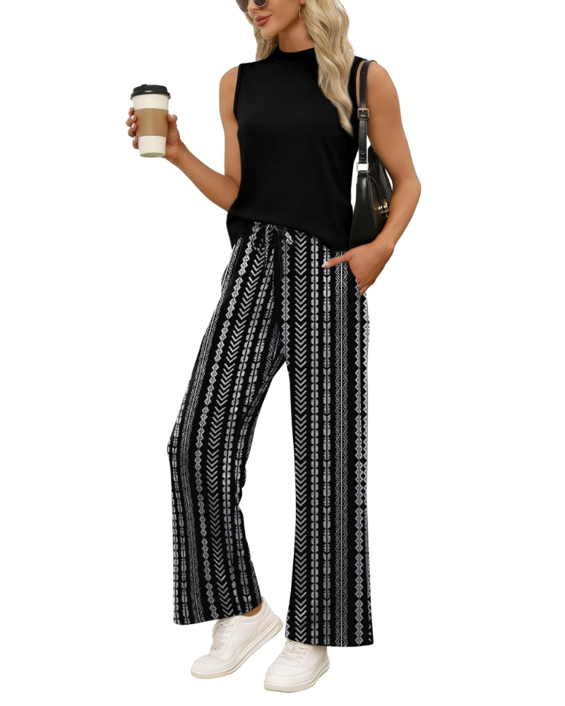 Natalie Conjunto de Dos Piezas para Mujer – Top Sin Mangas de Cuello Alto y Pantalón Palazzo Estampado