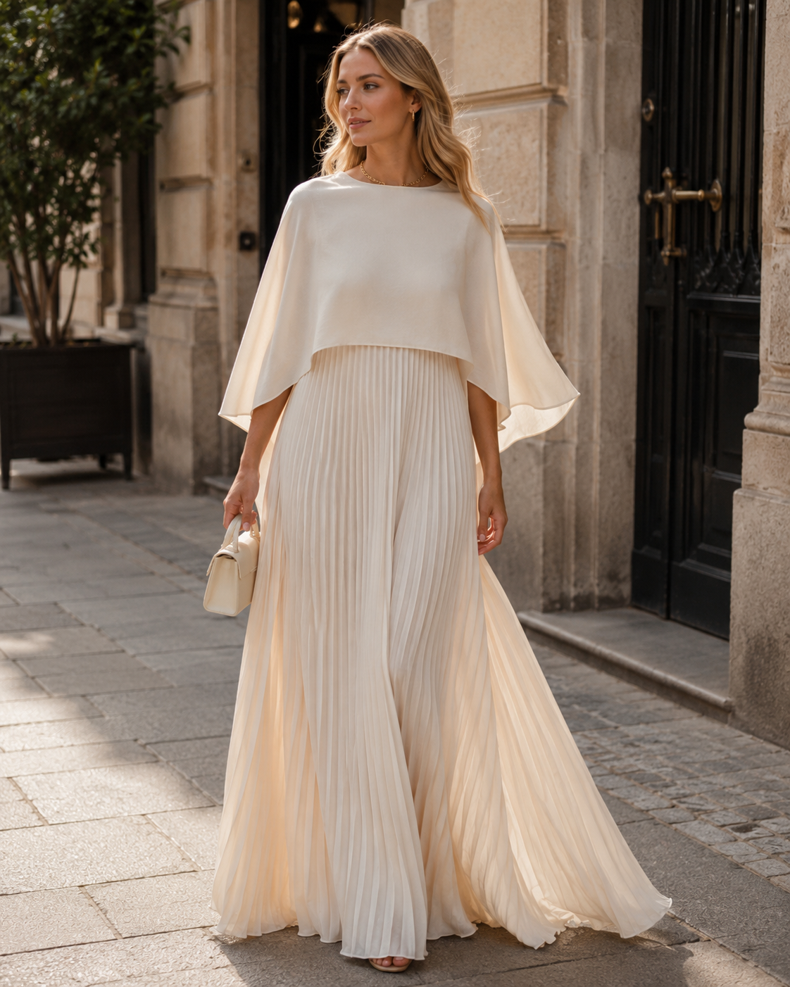 Robe maxi Estelle à effet cape pour femme – jupe plissée, coupe fluide et style formel