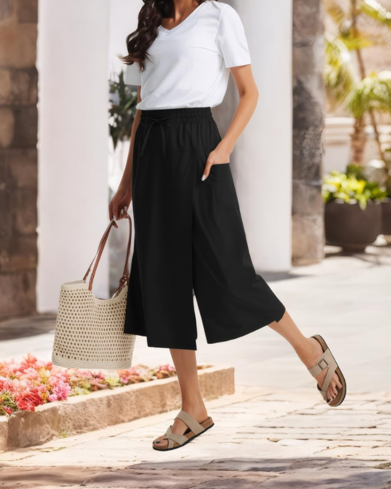 Sophie Pantalón Capri Mujer – Cintura Alta, Cordón Ajustable y Tejido Ligero Elástico