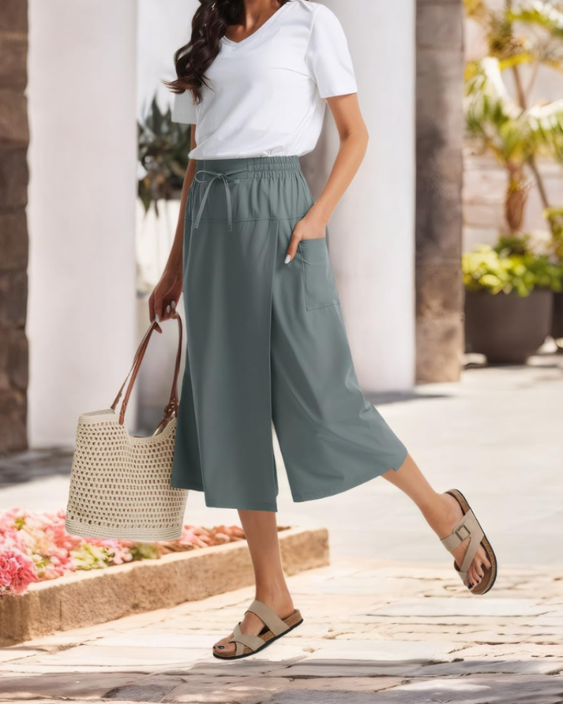 Sophie Pantalón Capri Mujer – Cintura Alta, Cordón Ajustable y Tejido Ligero Elástico