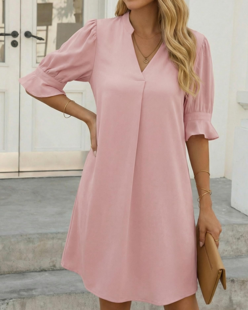 Clara Robe Midi Femme – Col en V, Manches Froncées et Design Uni