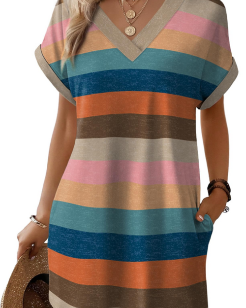 Camille Women’s T-Shirt Dress – V-Neck, Short Sleeves, Pockets, and Stretch Fabric