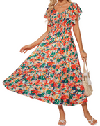 Camryn Vestido Maxi Floral Mujer – Cuello en V, Volantes y Cintura Elástica