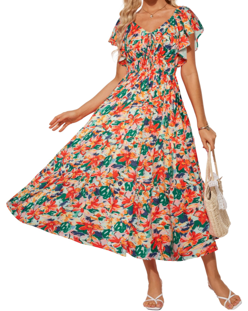 Camryn Vestido Maxi Floral Mujer – Cuello en V, Volantes y Cintura Elástica