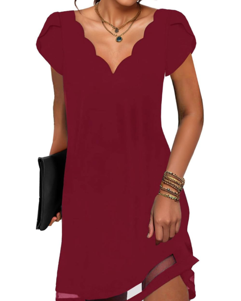 Ruby Vestido Mini Mujer – Cuello en V, Manga Corta, Estampado y Corte Relajado