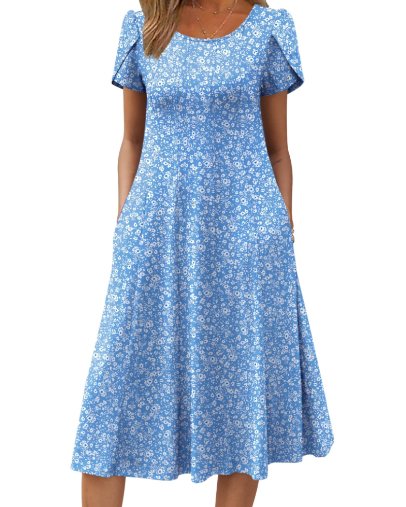 Harper Vestido Midi Mujer – Corte Línea A, Manga Corta, Bolsillos y Estampado Floral