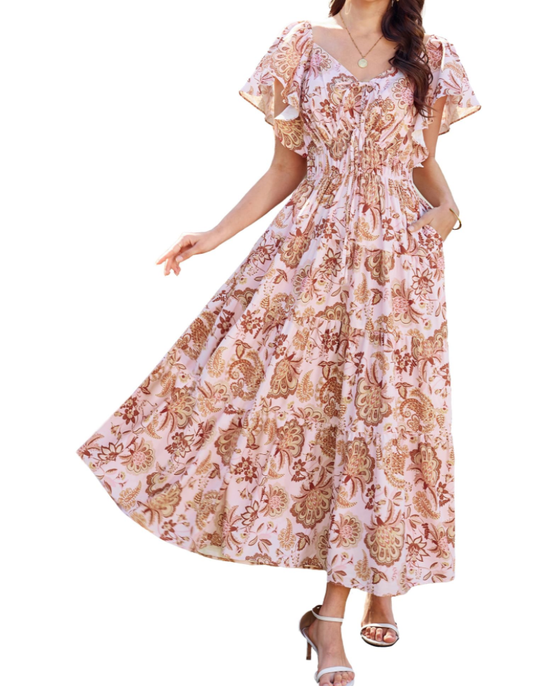 Camryn Vestido Maxi Floral Mujer – Cuello en V, Volantes y Cintura Elástica