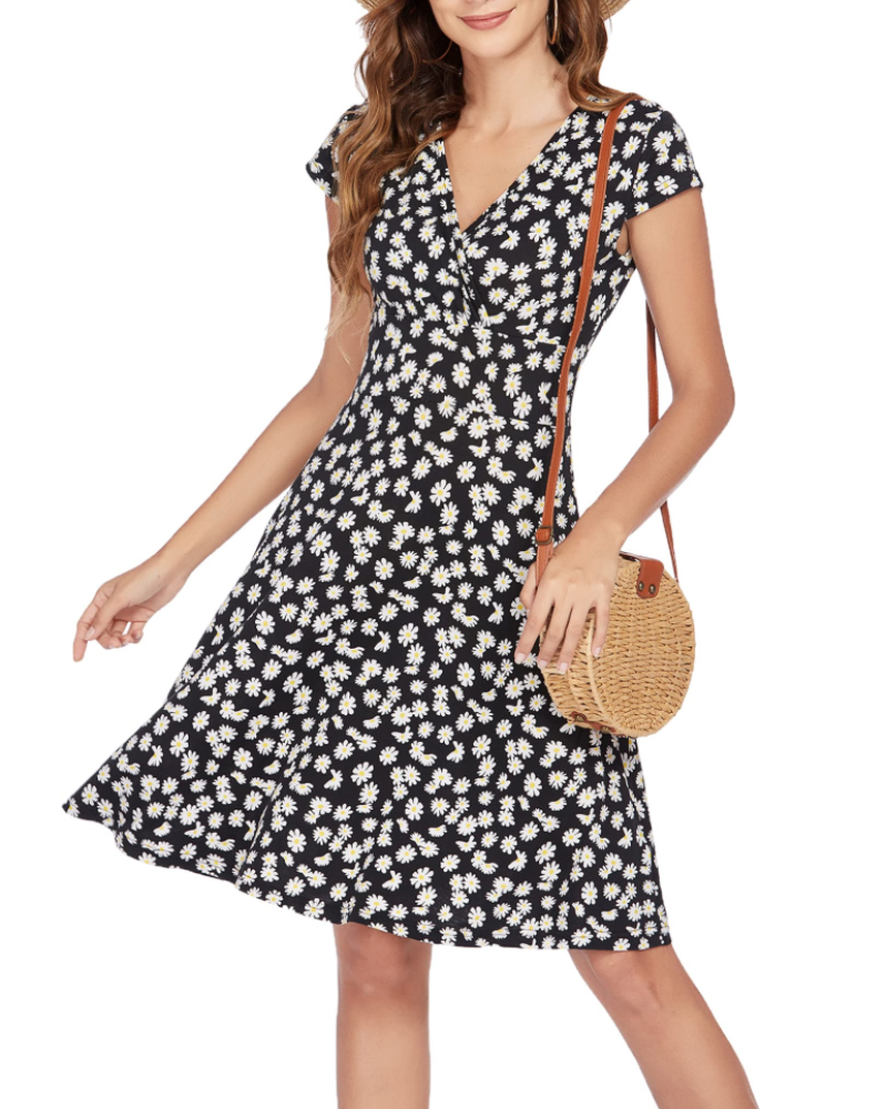 Riley Vestido Línea A Mujer – Cuello en V, Manga Corta y Tejido Jersey Elástico