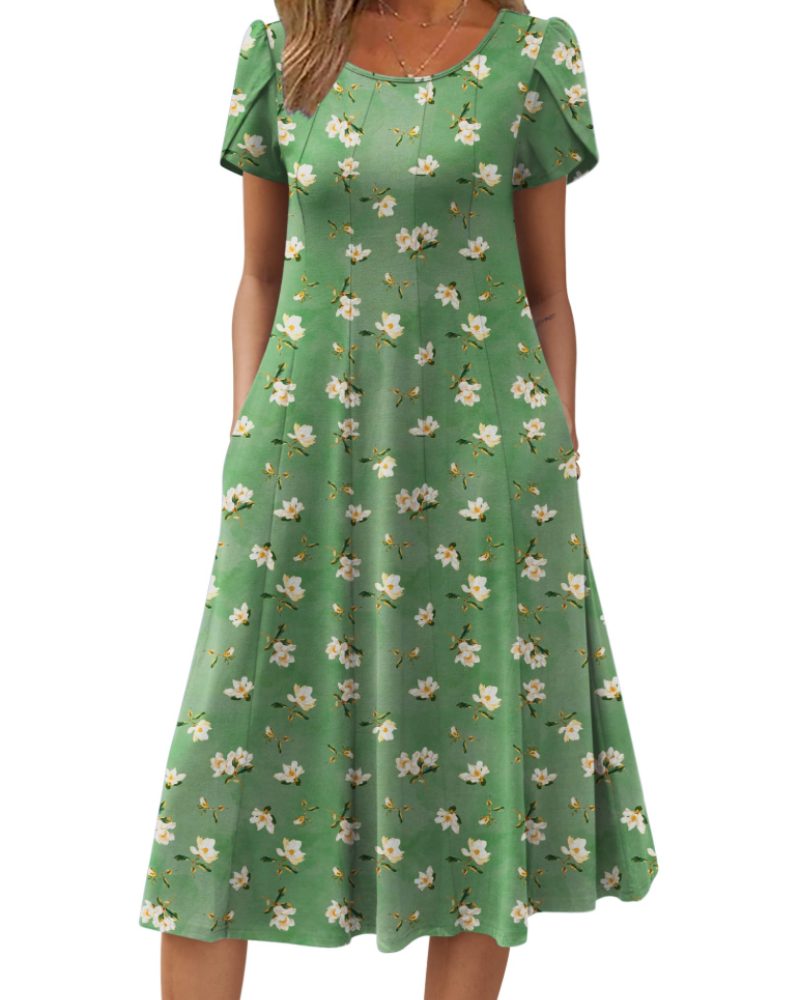 Harper Vestido Midi Mujer – Corte Línea A, Manga Corta, Bolsillos y Estampado Floral