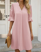 Clara Robe Midi Femme – Col en V, Manches Froncées et Design Uni